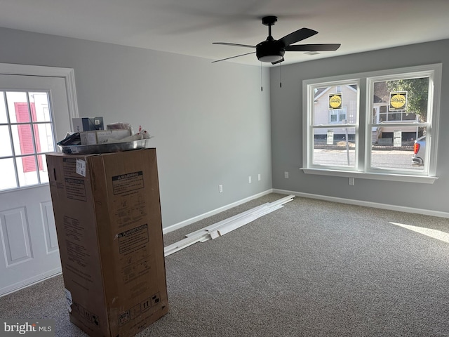 interior space with carpet and ceiling fan