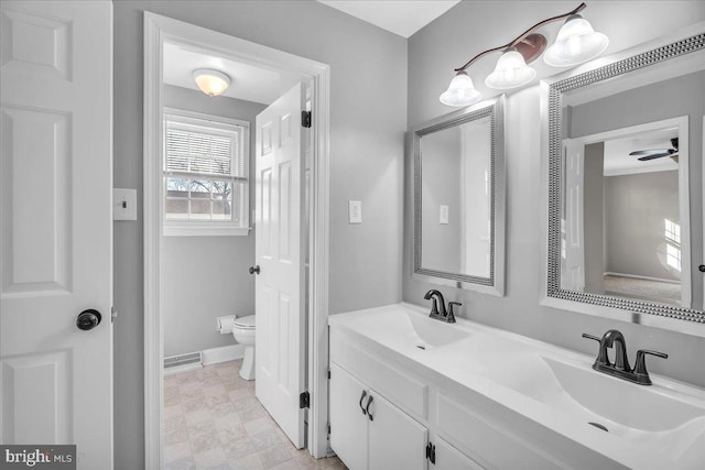 bathroom with ceiling fan, vanity, and toilet