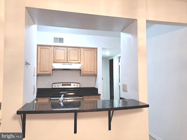 kitchen featuring kitchen peninsula, a breakfast bar, stainless steel range with electric cooktop, and dark stone countertops