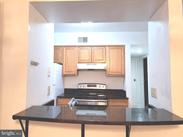 kitchen featuring stainless steel electric range, white fridge, dark stone countertops, and kitchen peninsula