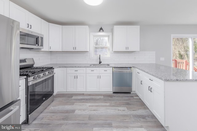 kitchen with white cabinets, kitchen peninsula, sink, and appliances with stainless steel finishes