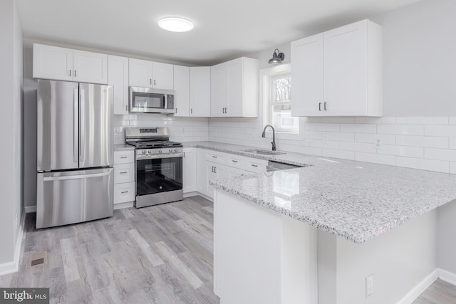 kitchen featuring sink, decorative backsplash, white cabinetry, kitchen peninsula, and stainless steel appliances