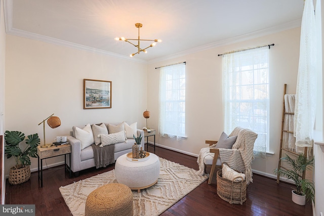 living room featuring an inviting chandelier, dark hardwood / wood-style flooring, and crown molding