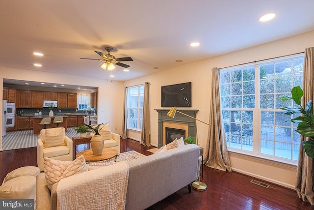 living room with ceiling fan, dark hardwood / wood-style flooring, and plenty of natural light