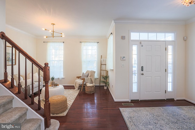 foyer entrance with a healthy amount of sunlight, dark hardwood / wood-style flooring, a chandelier, and ornamental molding