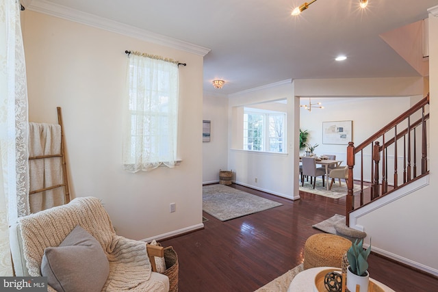 foyer entrance featuring dark wood-type flooring, crown molding, and a chandelier