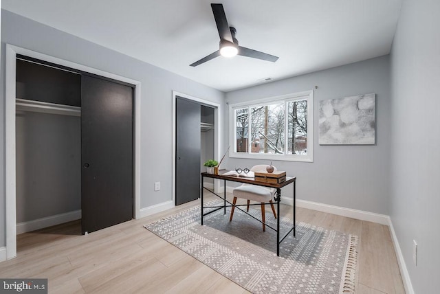 office featuring ceiling fan and light hardwood / wood-style floors