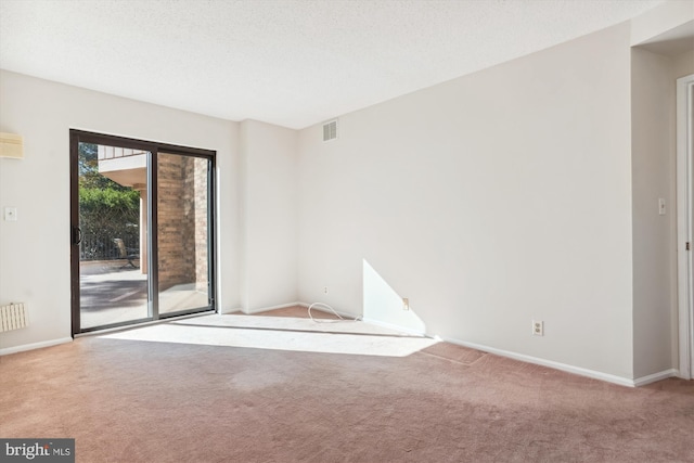 unfurnished room featuring a textured ceiling and light carpet