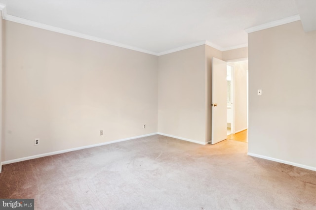 empty room with light colored carpet and ornamental molding