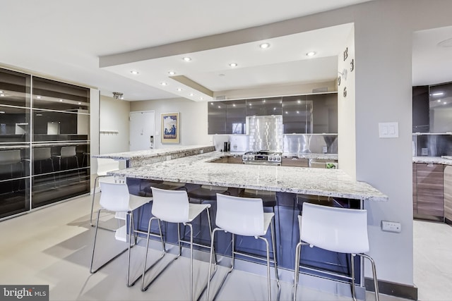 kitchen featuring a raised ceiling, light stone counters, and a breakfast bar area