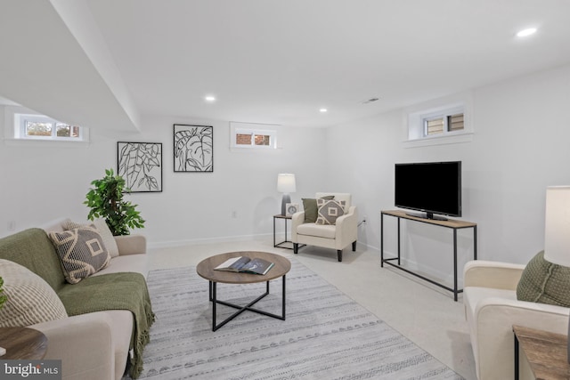 living room featuring light carpet