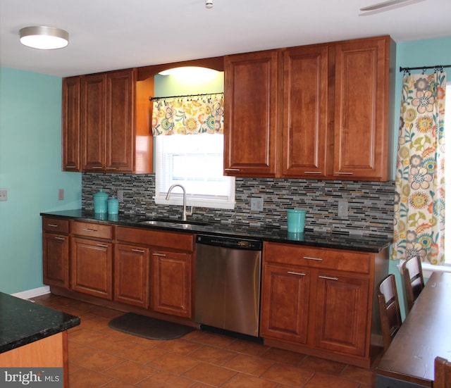 kitchen with decorative backsplash, sink, stainless steel dishwasher, and dark stone countertops