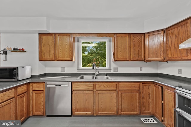 kitchen with custom exhaust hood, sink, and stainless steel appliances