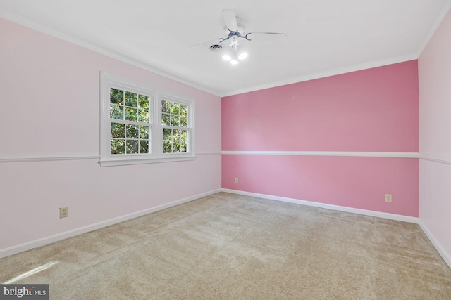 empty room featuring carpet, ceiling fan, and crown molding