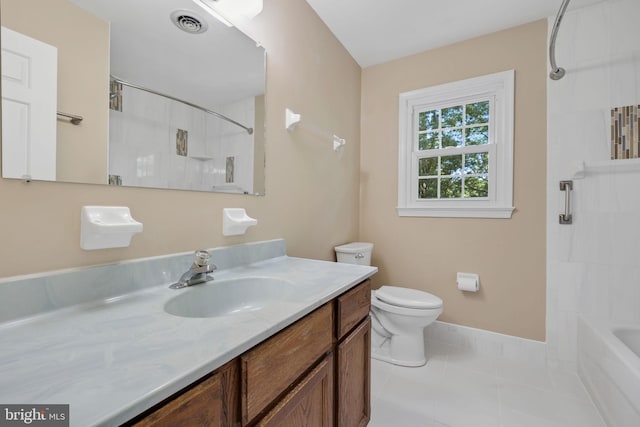 full bathroom with tile patterned floors, vanity, bathing tub / shower combination, and toilet