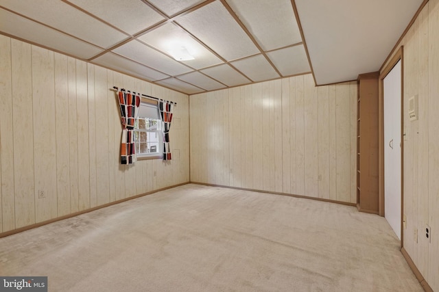 interior space with light colored carpet and wooden walls