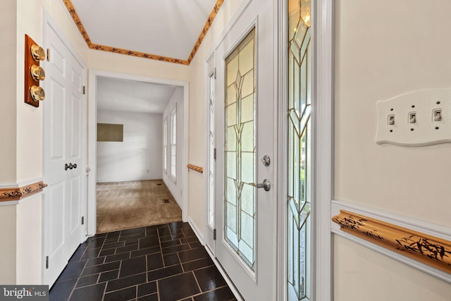 entryway featuring dark colored carpet