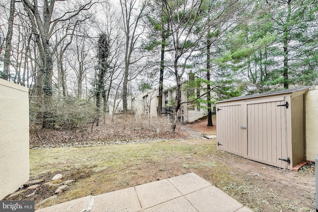 view of yard featuring a storage shed