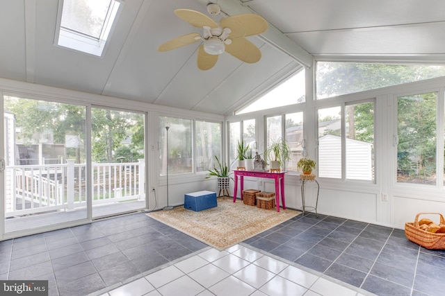 sunroom with ceiling fan and lofted ceiling with skylight