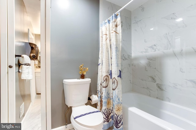 bathroom with toilet and shower / bathtub combination with curtain