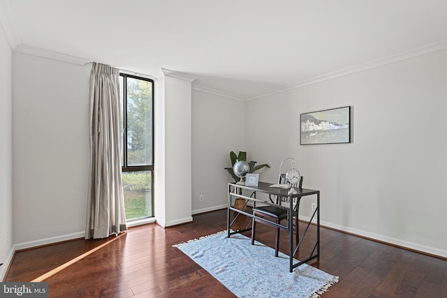 home office featuring crown molding and dark wood-type flooring