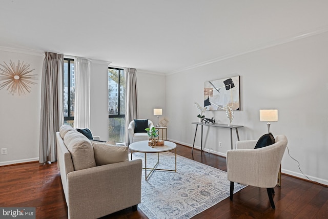 living room with dark hardwood / wood-style flooring and crown molding