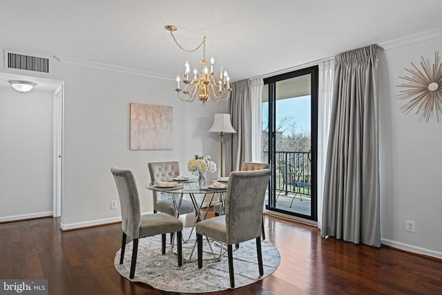 dining room featuring expansive windows, an inviting chandelier, dark wood-type flooring, and ornamental molding