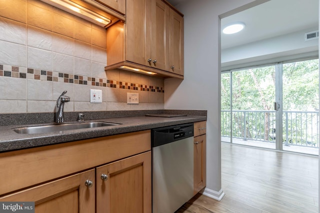 kitchen with dishwasher, decorative backsplash, light wood-type flooring, and sink