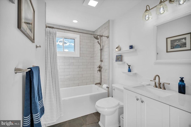 full bathroom with toilet, shower / bath combo, vanity, and tile patterned floors