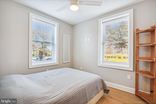 bedroom featuring ceiling fan and light hardwood / wood-style flooring