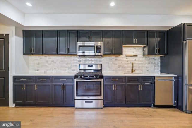 kitchen with backsplash, stainless steel appliances, light hardwood / wood-style flooring, and sink