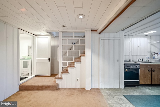 basement with light colored carpet and sink