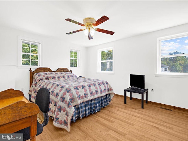 bedroom featuring light wood-type flooring and ceiling fan