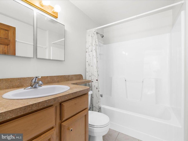 full bathroom with tile patterned flooring, vanity, toilet, and shower / tub combo with curtain