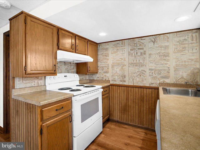 kitchen with white electric range, dark hardwood / wood-style flooring, wood walls, and sink