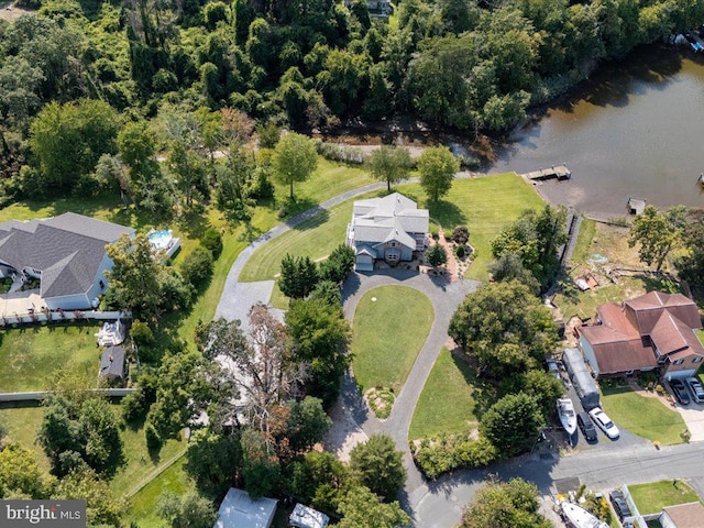 birds eye view of property featuring a water view