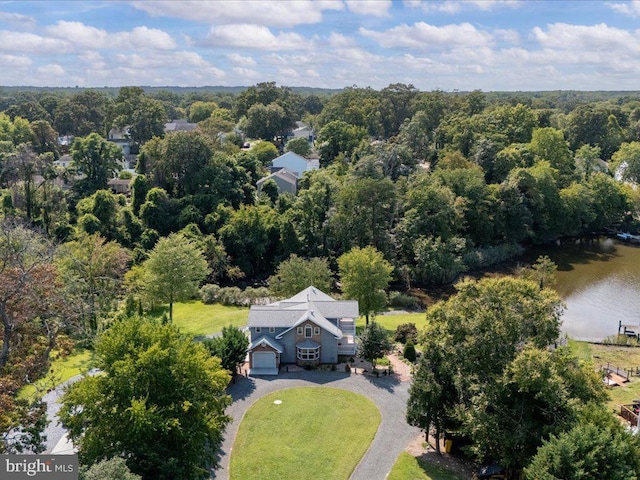 aerial view featuring a water view