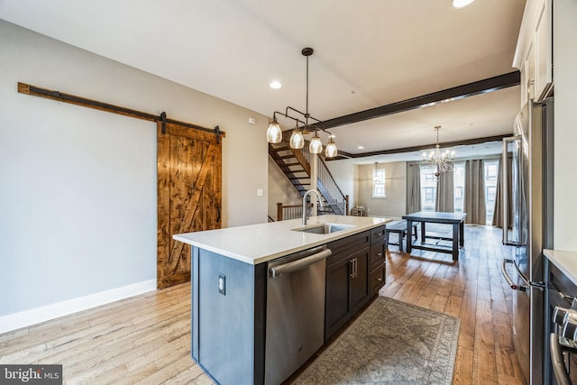 kitchen featuring white cabinetry, stainless steel appliances, sink, hanging light fixtures, and a kitchen island with sink