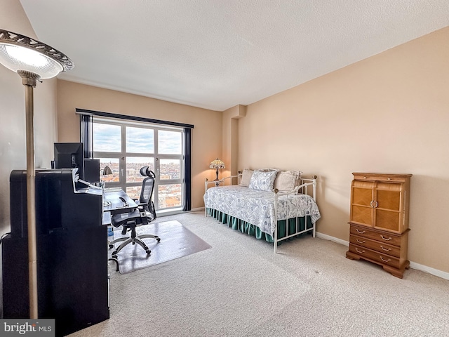 carpeted bedroom with a textured ceiling