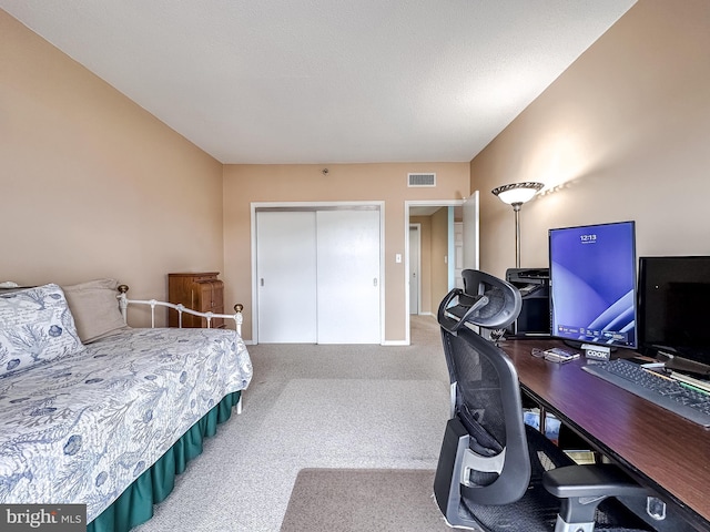 bedroom featuring carpet flooring, a closet, and a textured ceiling