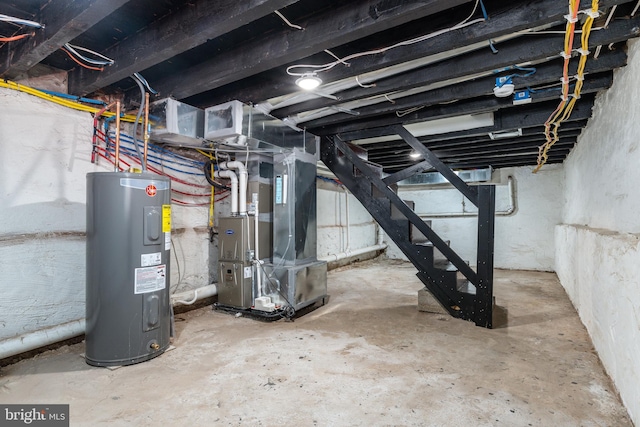 basement with heating unit and water heater