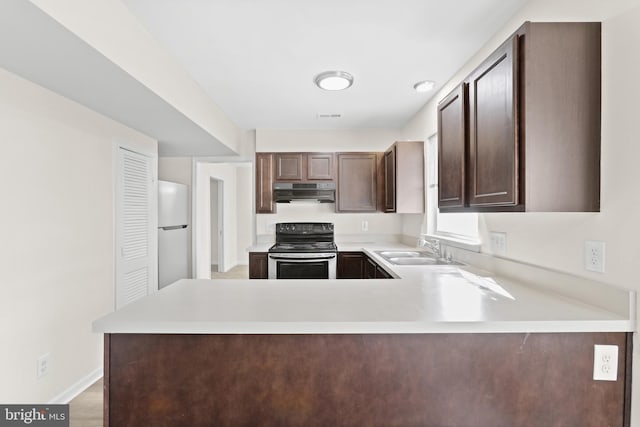 kitchen featuring sink, stainless steel electric range oven, dark brown cabinets, white fridge, and kitchen peninsula