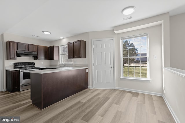 kitchen with kitchen peninsula, dark brown cabinetry, stainless steel range with electric cooktop, and a healthy amount of sunlight