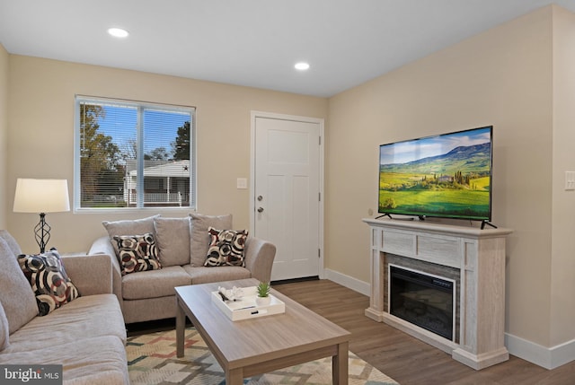 living room featuring a high end fireplace and light wood-type flooring