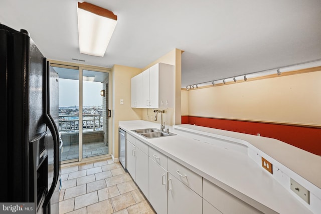 kitchen featuring black fridge with ice dispenser, sink, light tile patterned floors, dishwasher, and white cabinets