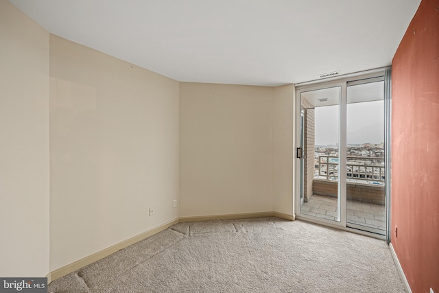 carpeted empty room featuring a wall of windows