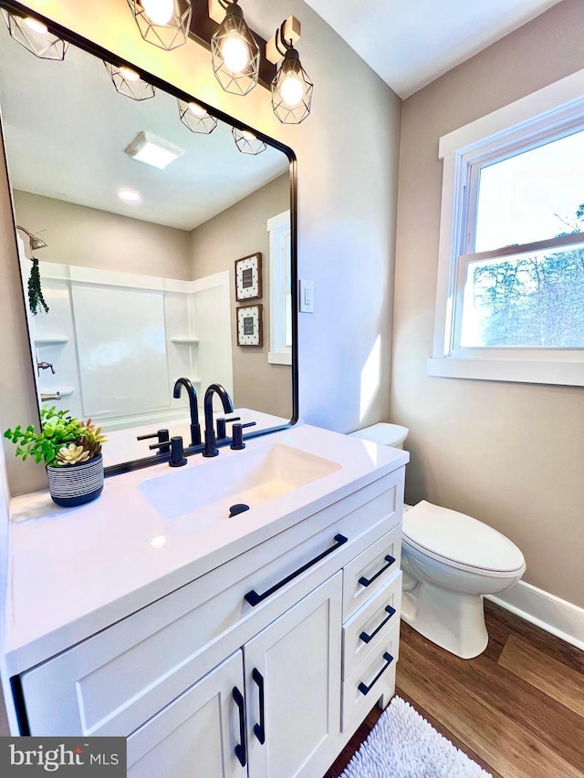 bathroom featuring hardwood / wood-style floors, vanity, and toilet