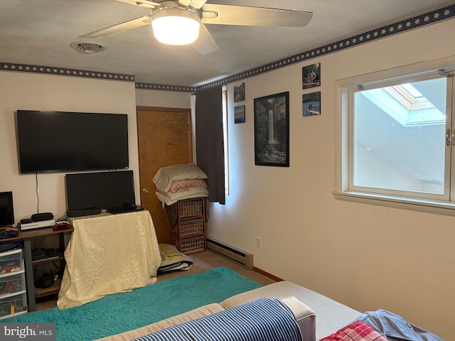 bedroom featuring ceiling fan, carpet, and a baseboard radiator