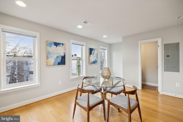 dining room featuring electric panel, light hardwood / wood-style flooring, and a healthy amount of sunlight