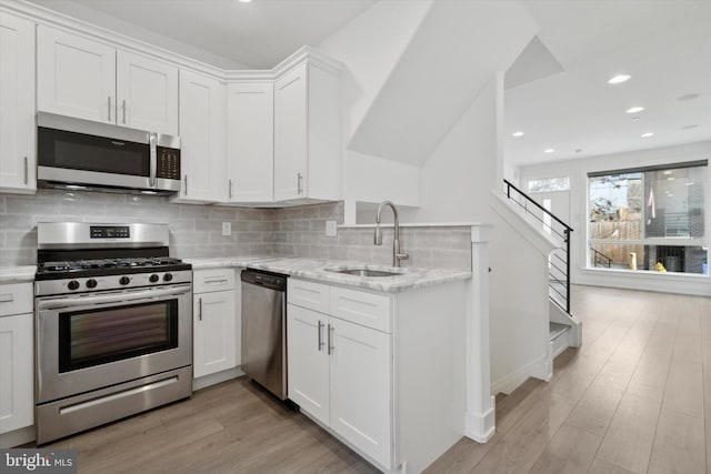 kitchen with white cabinets, sink, appliances with stainless steel finishes, and tasteful backsplash